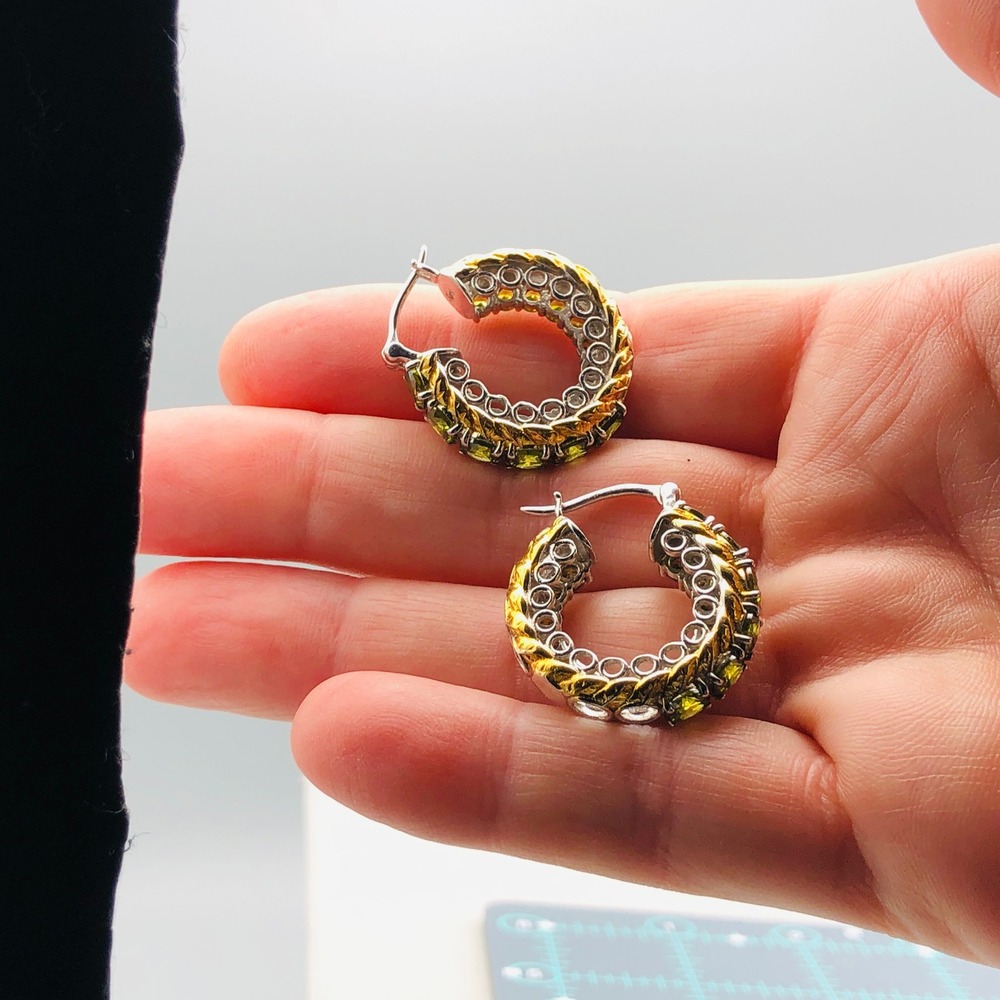 Karis Hoop Earrings Simulated Peridot Green Gold Tone Silver Tone Mixed Metal - Picture 10 of 10